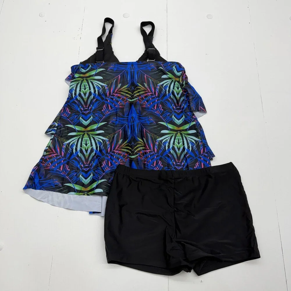Blue Tropical Tankini Swimsuit Set Womens M Ruffle Swim Shorts 2 Piece Lined